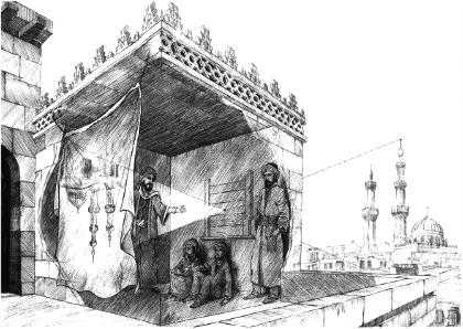 Une gravure représentant une tente percée d'un trou dont se servit le grand savant arabe Alhazen au Xème siécle pour observer une éclipse et optimiser le diamétre du trou.