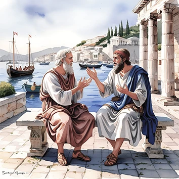 Socrate et Glaucon assis sur un banc avec en arrière-plan le port du Pirée, on peut voir que les deux philosophes dialoguent avec passion.
